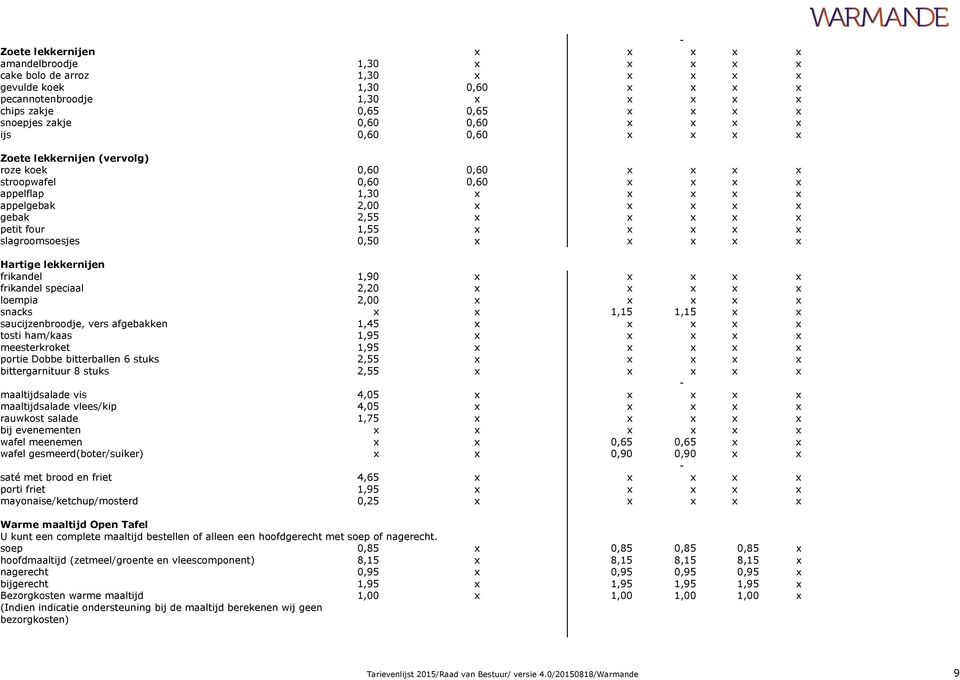 x x petit four 1,55 x x x x x slagroomsoesjes 0,50 x x x x x Hartige lekkernijen frikandel 1,90 x x x x x frikandel speciaal 2,20 x x x x x loempia 2,00 x x x x x snacks x x 1,15 1,15 x x