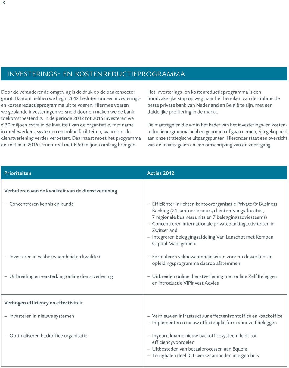 In de periode 2012 tot 2015 investeren we 30 miljoen extra in de kwaliteit van de organisatie, met name in medewerkers, systemen en online faciliteiten, waardoor de dienstverlening verder verbetert.