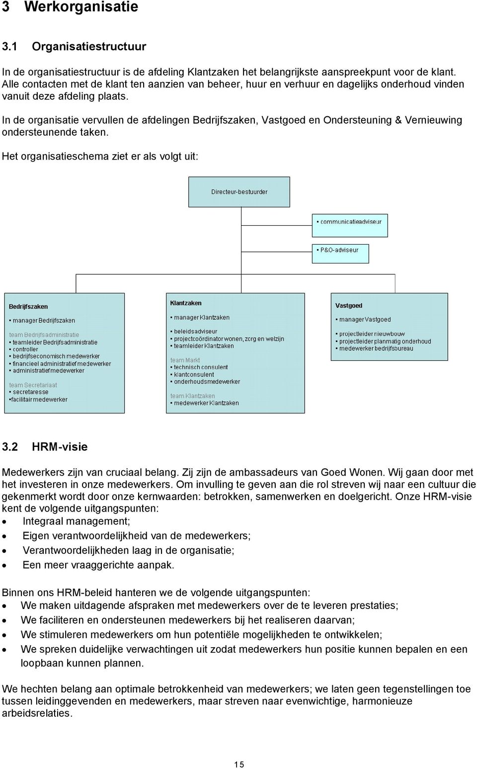 In de organisatie vervullen de afdelingen Bedrijfszaken, Vastgoed en Ondersteuning & Vernieuwing ondersteunende taken. Het organisatieschema ziet er als volgt uit: 3.