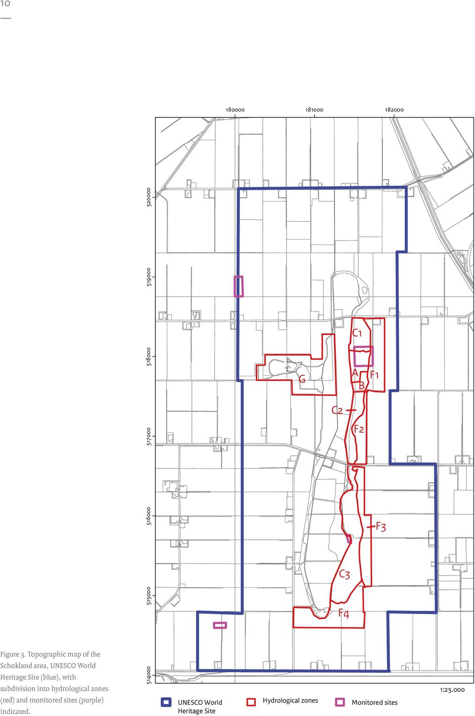 subdivision into hydrological zones (red) and monitored sites (purple) indicated.