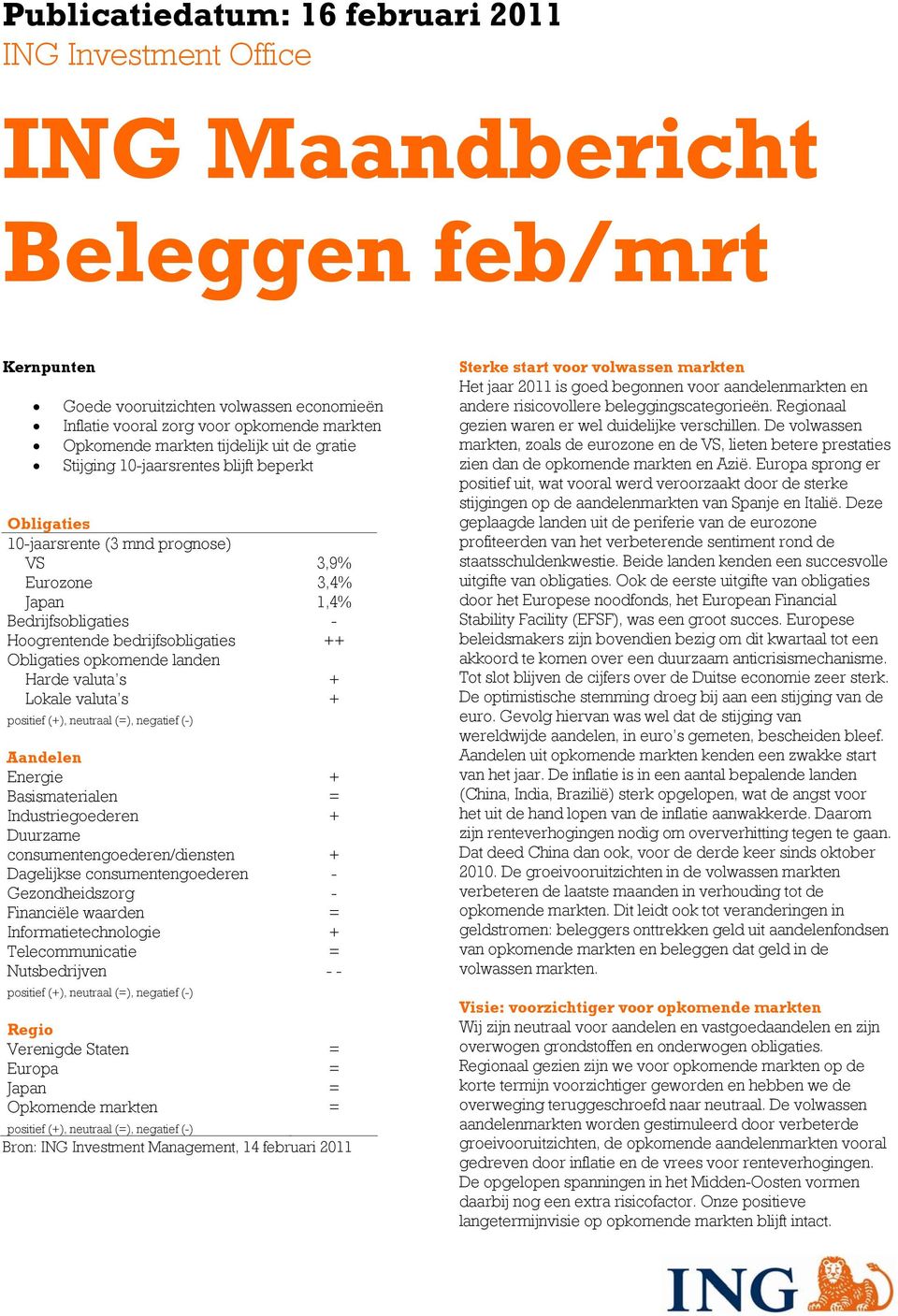 ++ Obligaties opkomende landen Harde valuta s + Lokale valuta s + positief (+), neutraal (=), negatief (-) Aandelen Energie + Basismaterialen = Industriegoederen + Duurzame