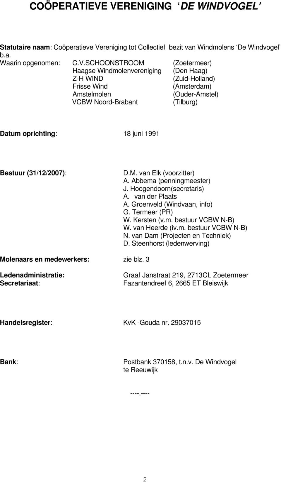 Haag) Z-H WIND (Zuid-Holland) Frisse Wind (Amsterdam) Amstelmolen (Ouder-Amstel) VCBW Noord-Brabant (Tilburg) Datum oprichting: 18 juni 1991 Bestuur (31/12/2007): D.M. van Elk (voorzitter) A.