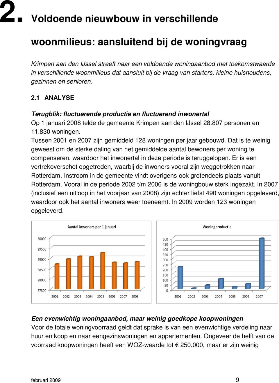 1 ANALYSE Terugblik: fluctuerende productie en fluctuerend inwonertal Op 1 januari 2008 telde de gemeente Krimpen aan den IJssel 28.807 personen en 11.830 woningen.