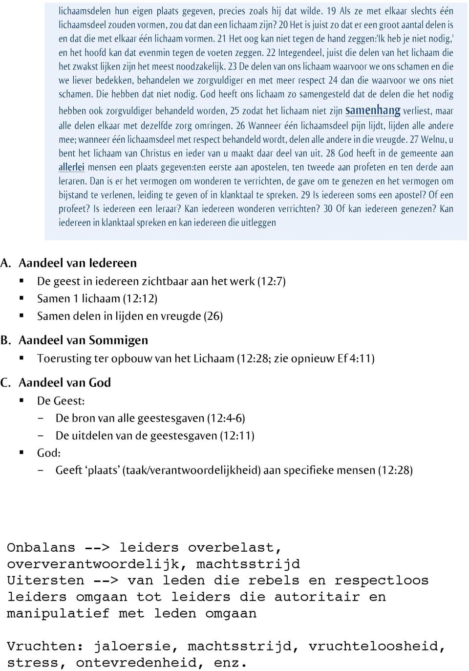 21 Het oog kan niet tegen de hand zeggen:'ik heb je niet nodig,' en het hoofd kan dat evenmin tegen de voeten zeggen.