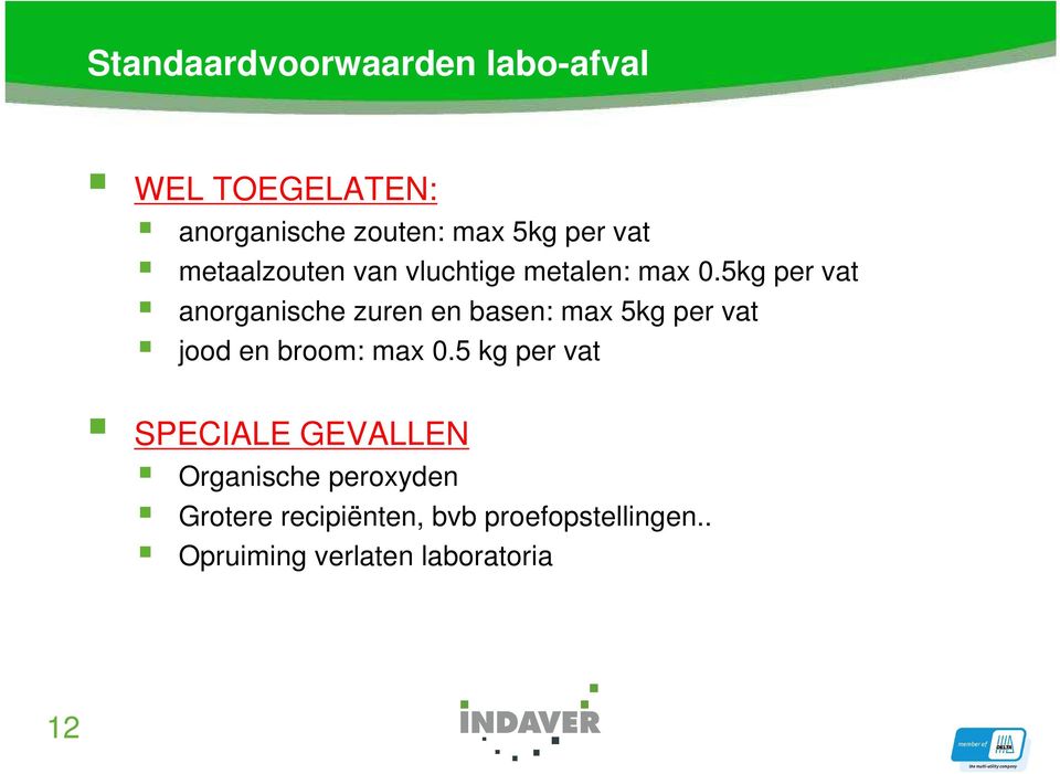 5kg per vat anorganische zuren en basen: max 5kg per vat jood en broom: max 0.