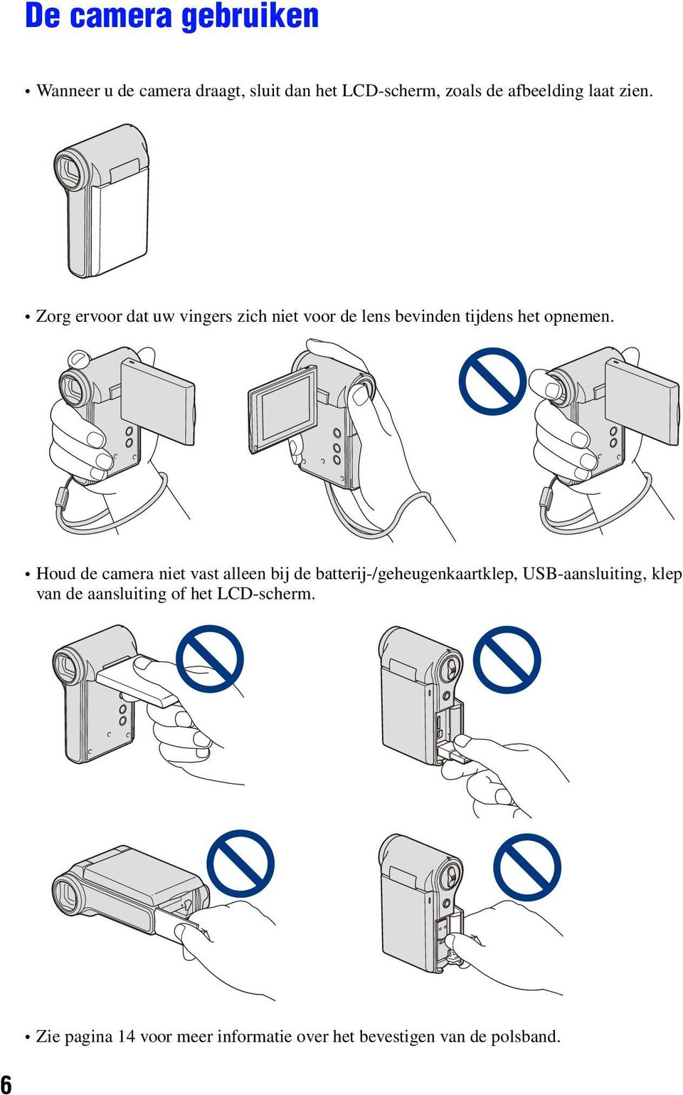 Houd de camera niet vast alleen bij de batterij-/geheugenkaartklep, USB-aansluiting, klep van de