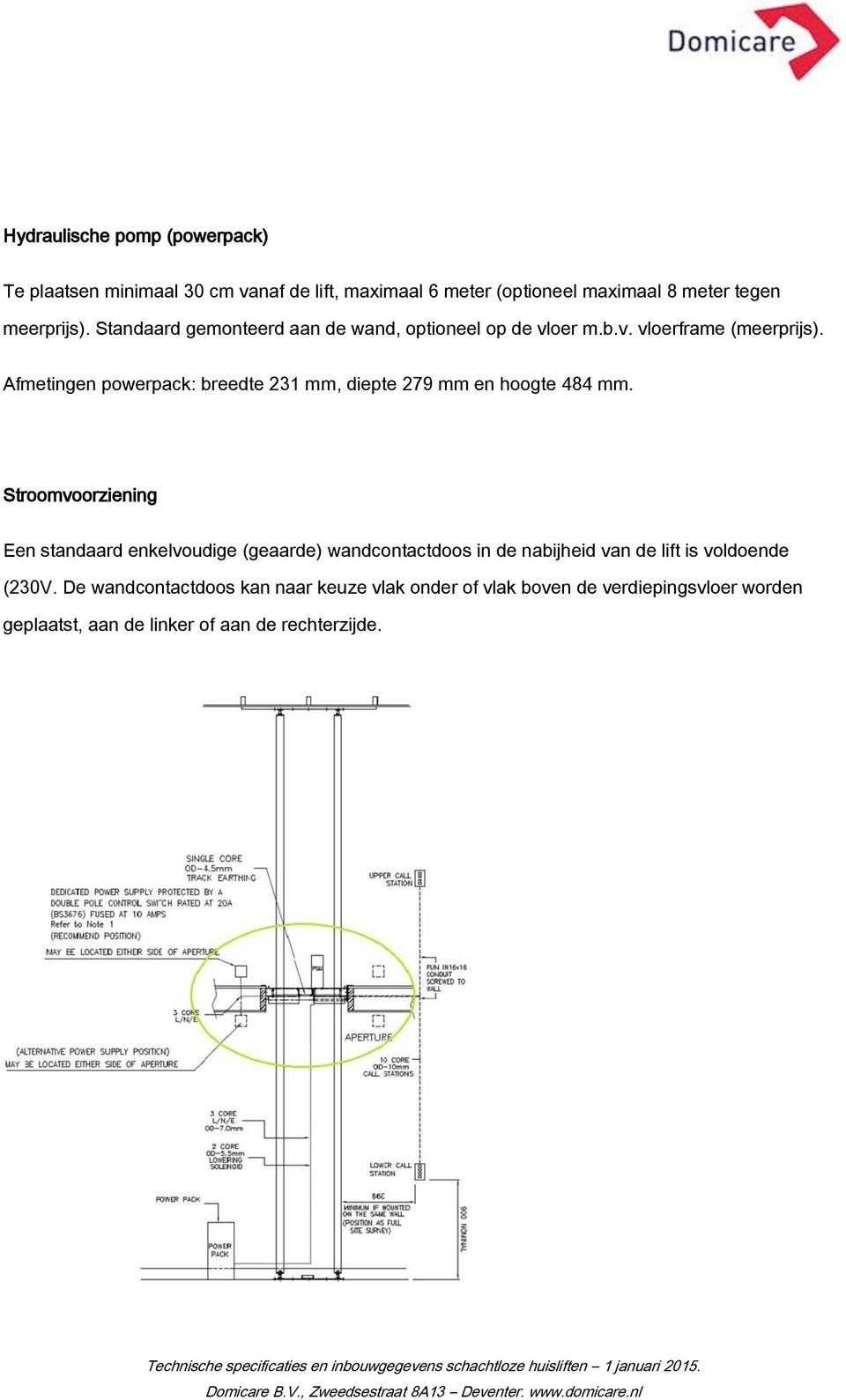 Afmetingen powerpack: breedte 231 mm, diepte 279 mm en hoogte 484 mm.