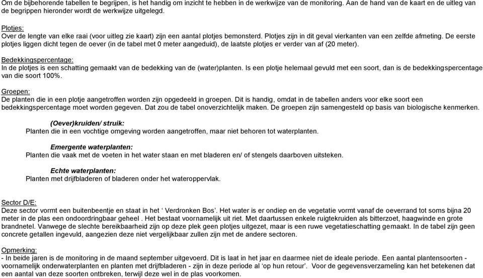 Plotjes zijn in dit geval vierkanten van een zelfde afmeting. De eerste plotjes liggen dicht tegen de oever (in de tabel met 0 meter aangeduid), de laatste plotjes er verder van af (20 meter).