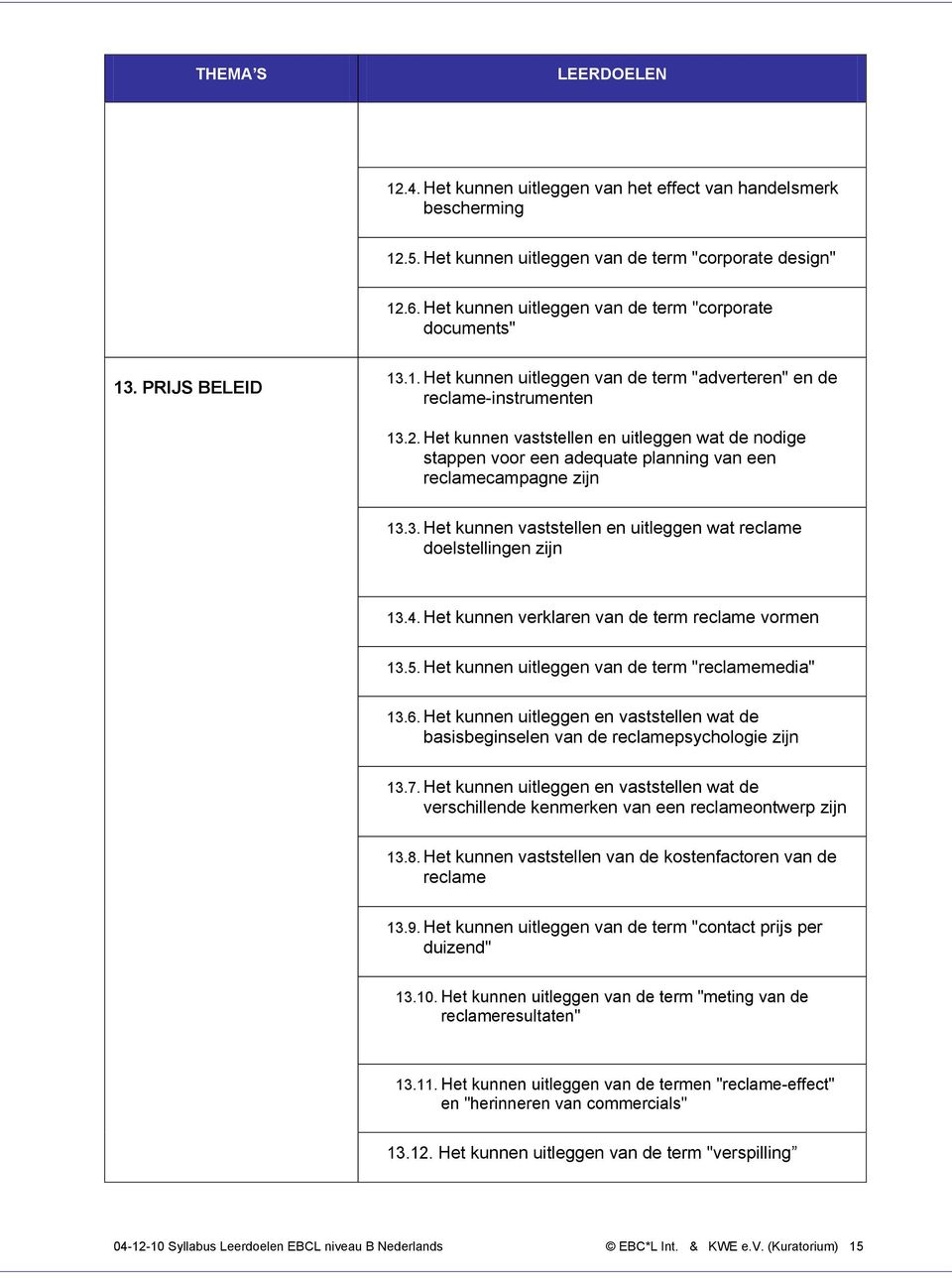 Het kunnen vaststellen en uitleggen wat de nodige stappen voor een adequate planning van een reclamecampagne zijn 13.3. Het kunnen vaststellen en uitleggen wat reclame doelstellingen zijn 13.4.