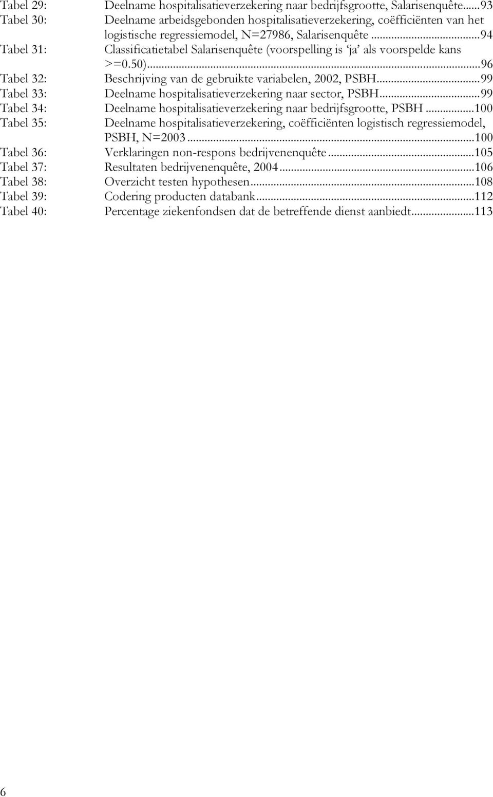 ..94 Tabel 31: Classificatietabel Salarisenquête (voorspelling is ja als voorspelde kans >=0.50)...96 Tabel 32: Beschrijving van de gebruikte variabelen, 2002, PSBH.