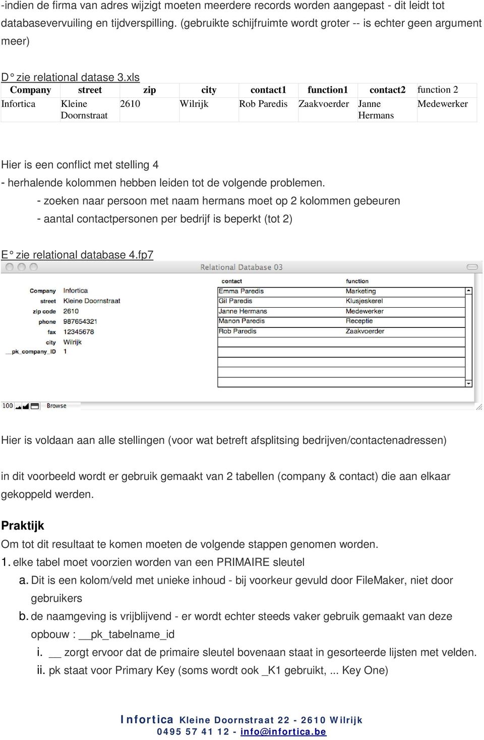 xls Company street zip city contact1 function1 contact2 function 2 Infortica Kleine 2610 Wilrijk Rob Paredis Zaakvoerder Janne Hermans Medewerker Hier is een conflict met stelling 4 - herhalende