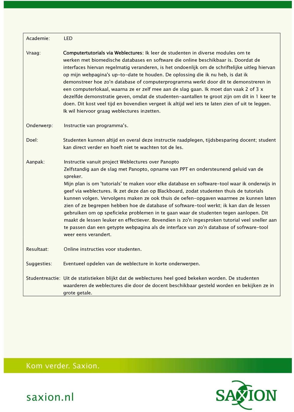 De oplossing die ik nu heb, is dat ik demonstreer hoe zo'n database of computerprogramma werkt door dit te demonstreren in een computerlokaal, waarna ze er zelf mee aan de slag gaan.