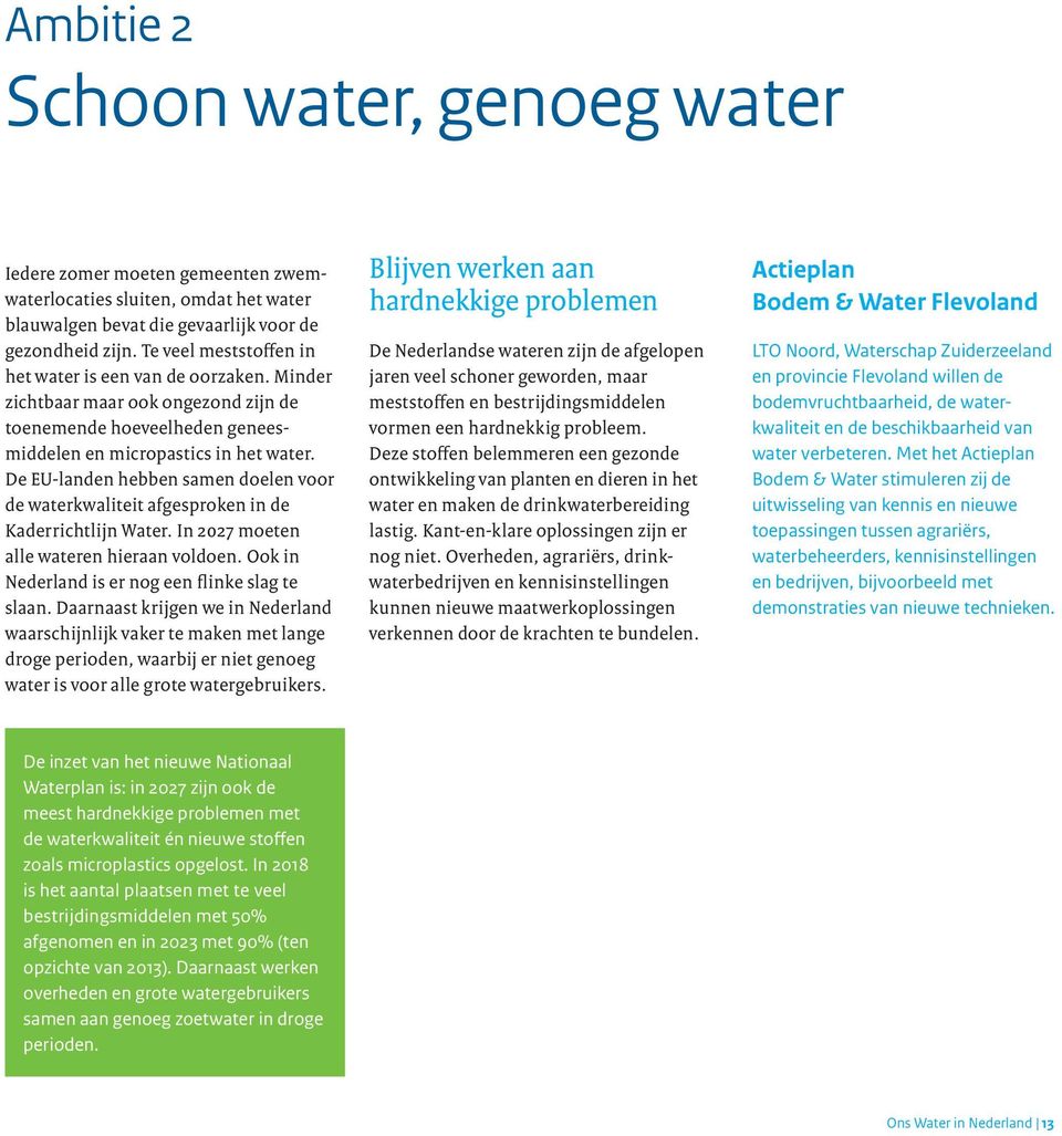 De EU-landen hebben samen doelen voor de waterkwaliteit afgesproken in de Kaderrichtlijn Water. In 2027 moeten alle wateren hieraan voldoen. Ook in Nederland is er nog een flinke slag te slaan.