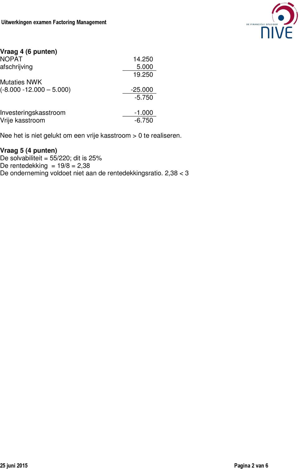 750 Nee het is niet gelukt om een vrije kasstroom > 0 te realiseren.