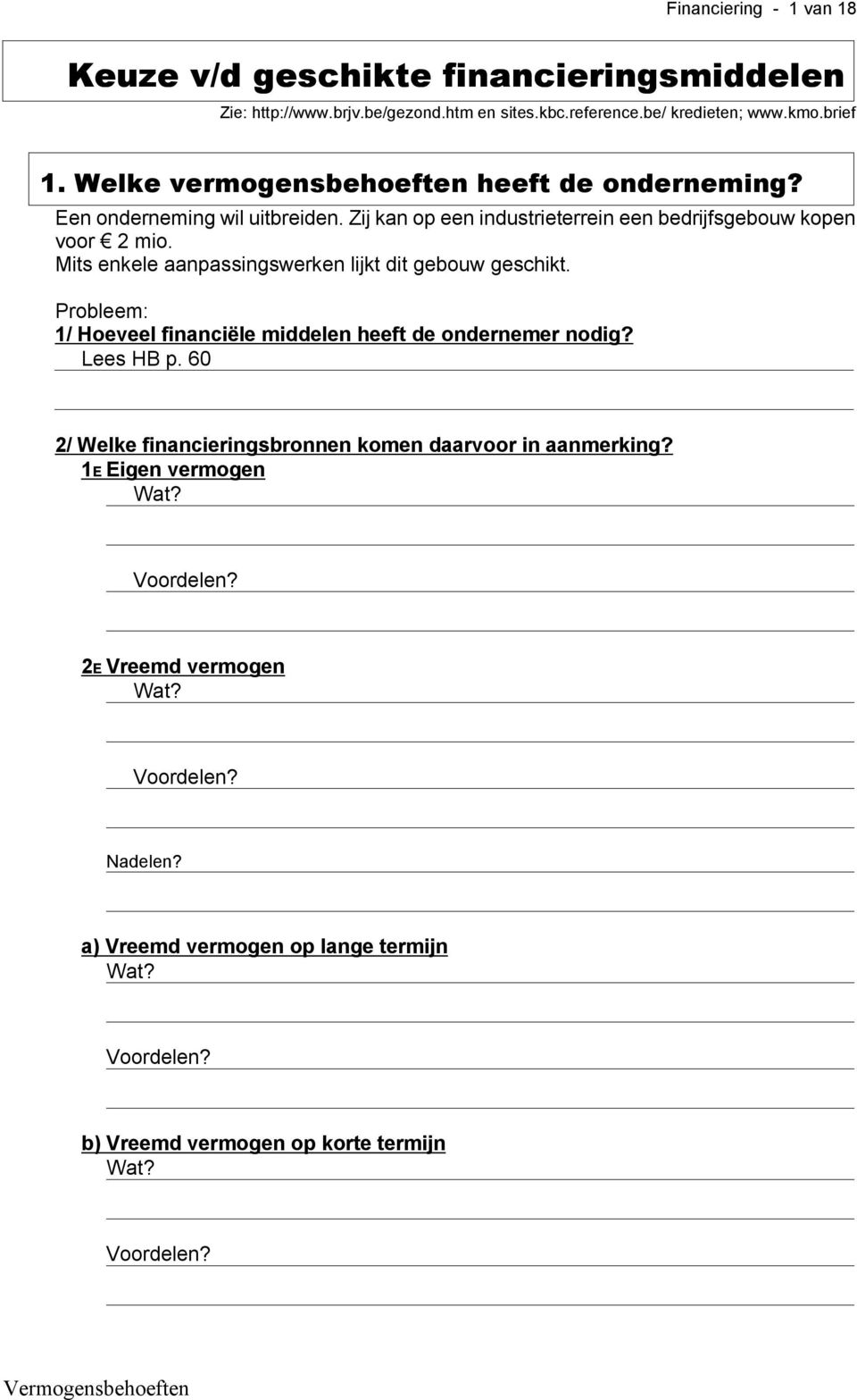 Mits enkele aanpassingswerken lijkt dit gebouw geschikt. Probleem: 1/ Hoeveel financiële middelen heeft de ondernemer nodig? Lees HB p.