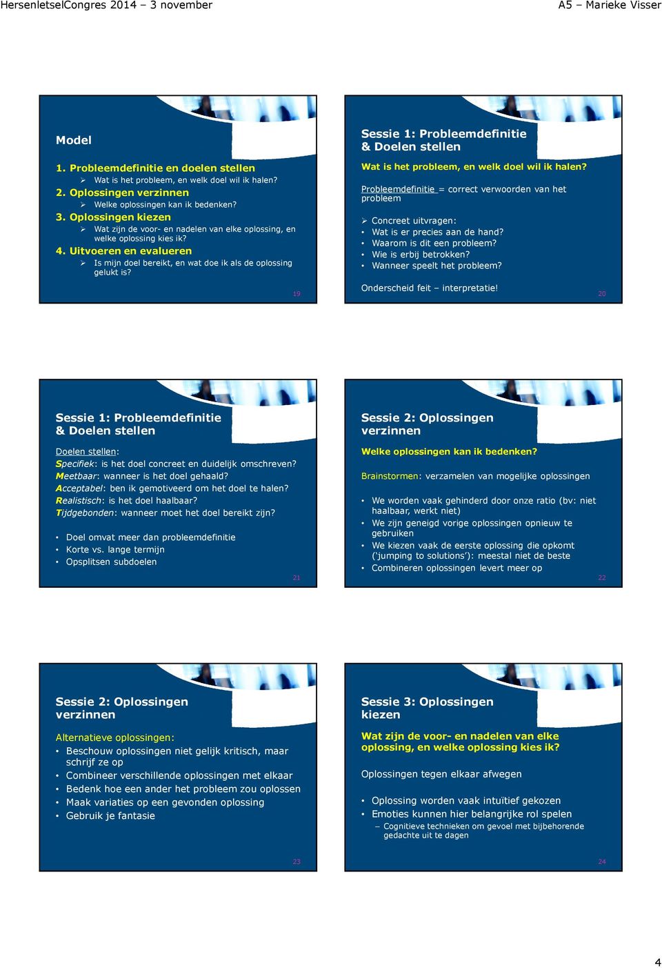 19 Sessie 1: Probleemdefinitie & Doelen stellen Wat is het probleem, en welk doel wil ik halen?