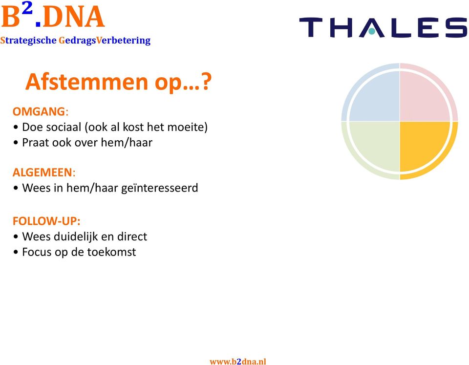 Wees in hem/haar geïnteresseerd FOLLOW-UP: Wees duidelijk en direct Focus op de