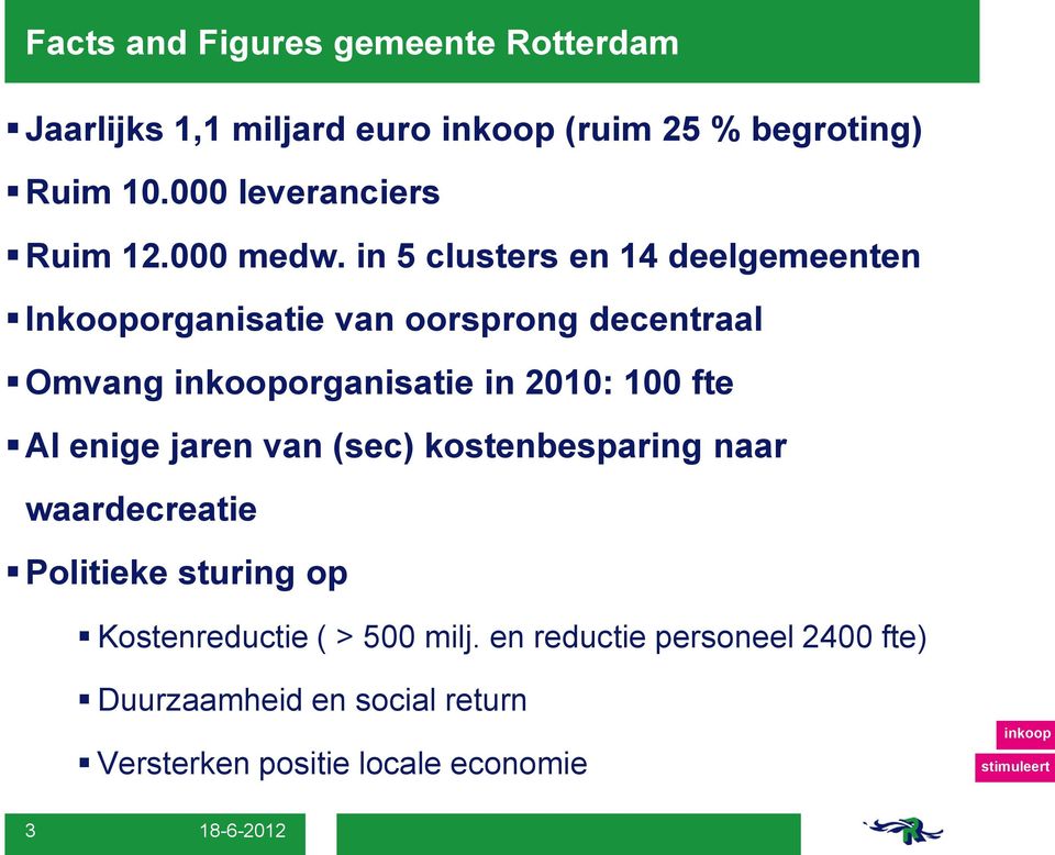 in 5 clusters en 14 deelgemeenten Inkooporganisatie van oorsprong decentraal Omvang organisatie in 2010: 100 fte