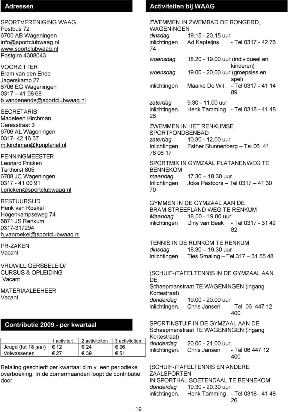 nl PENNINGMEESTER Leonard Pricken Tarthorst 805 6708 JC Wageningen 0317-41 00 91 l.pricken@sportclubwaag.nl BESTUURSLID Henk van Roekel Hogenkampseweg 74 6871 JS Renkum 0317-317294 h.