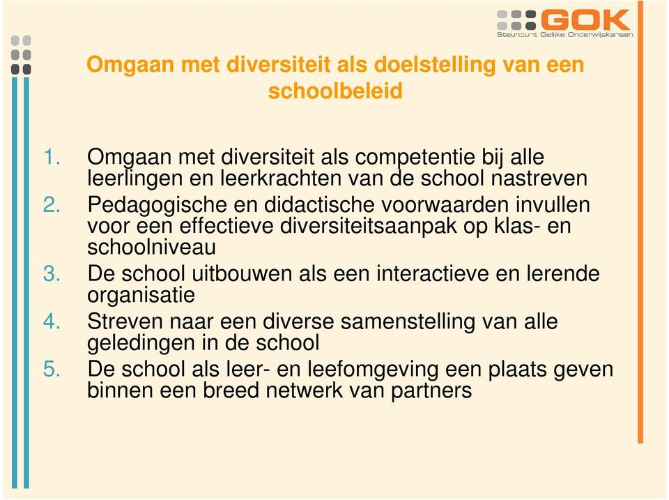 Pedagogische en didactische voorwaarden invullen voor een effectieve diversiteitsaanpak op klas- en schoolniveau 3.