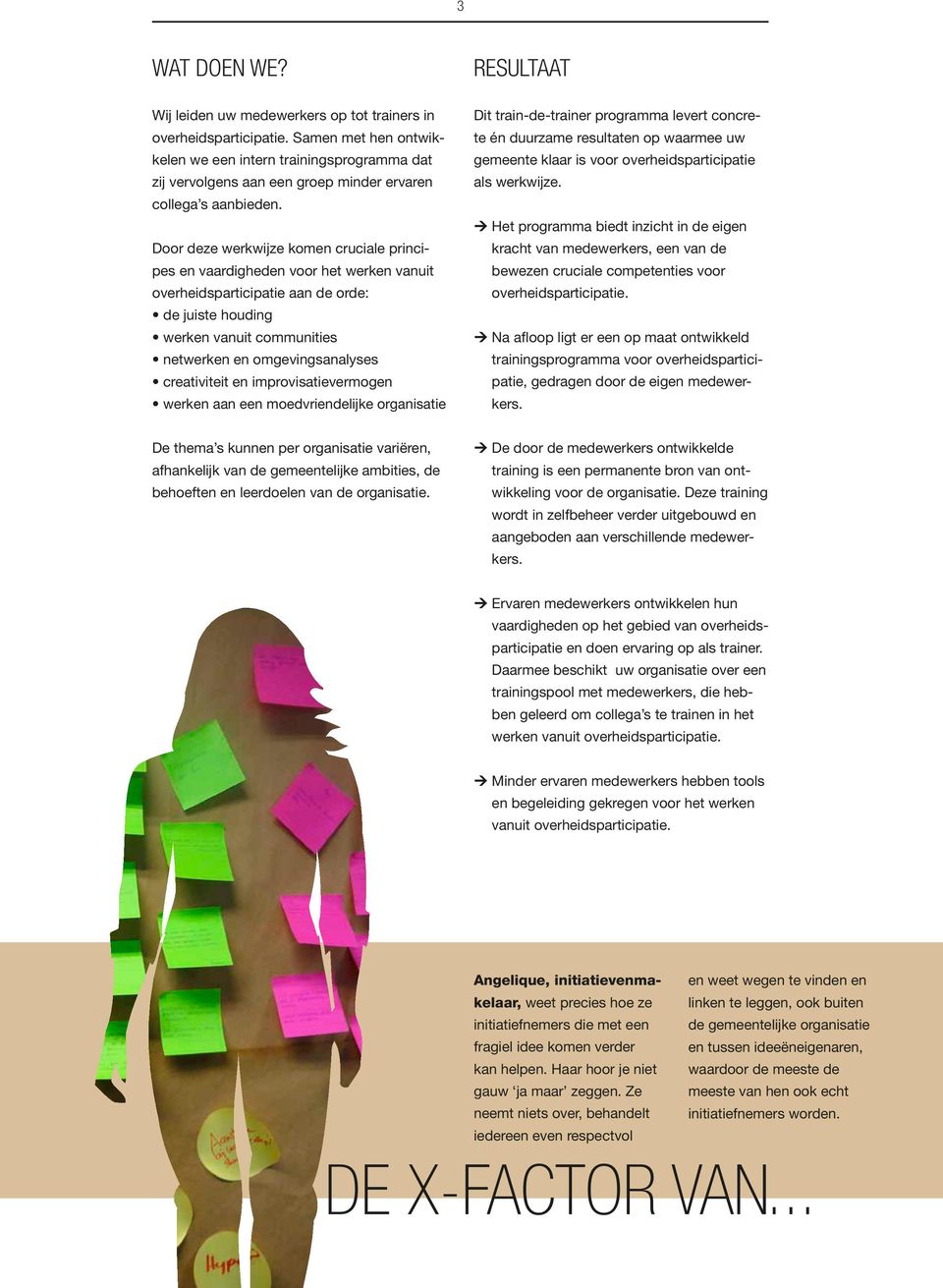 Door deze werkwijze komen cruciale principes en vaardigheden voor het werken vanuit overheidsparticipatie aan de orde: de juiste houding werken vanuit communities netwerken en omgevingsanalyses