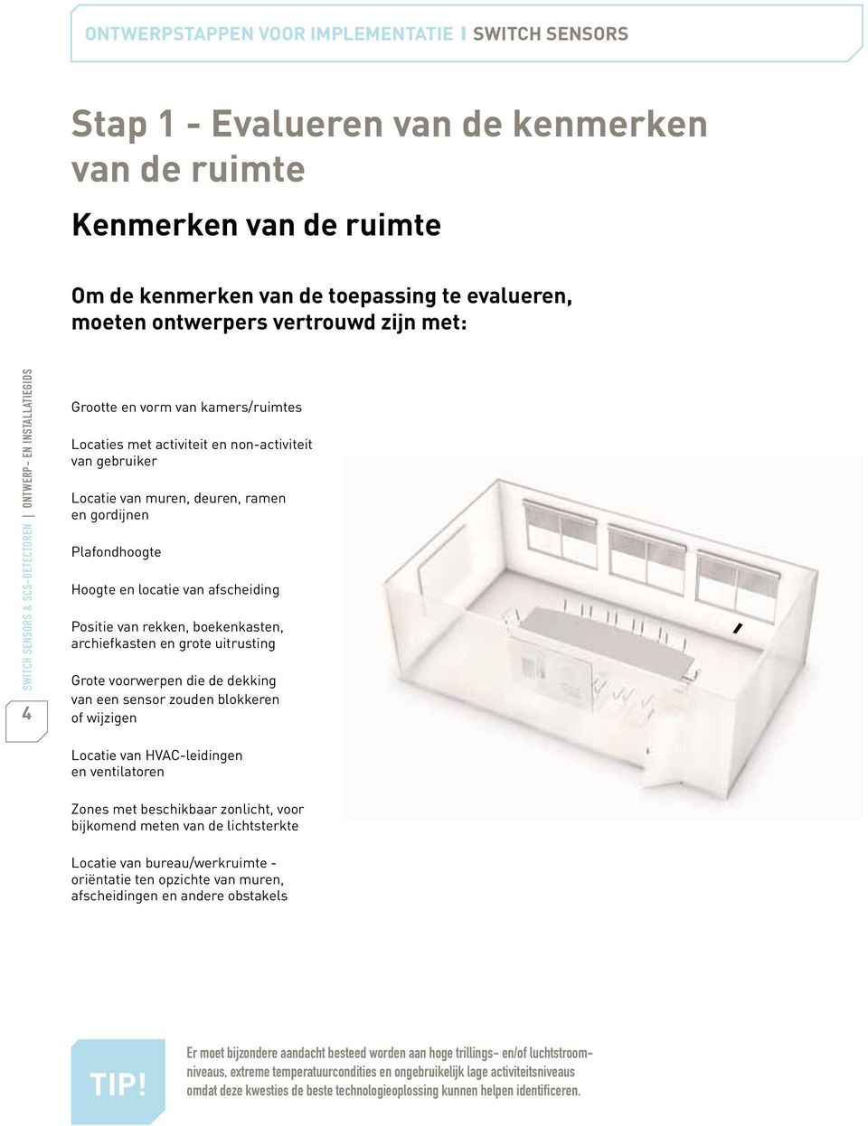 ramen en gordijnen Plafondhoogte Hoogte en locatie van afscheiding Positie van rekken, boekenkasten, archiefkasten en grote uitrusting Grote voorwerpen die de dekking van een sensor zouden blokkeren