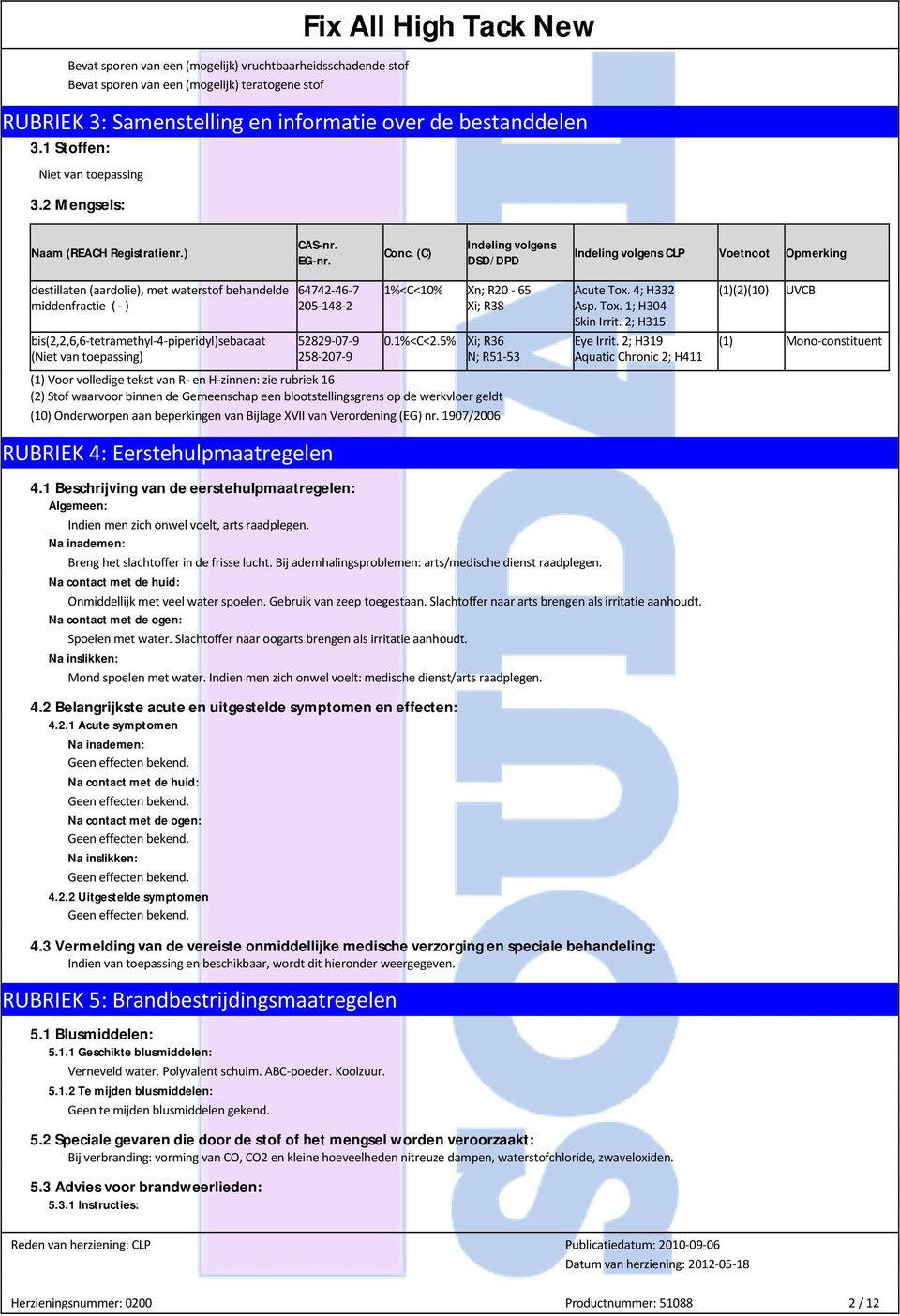 (C) Indeling volgens DSD/DPD Indeling volgens CLP Voetnoot Opmerking destillaten (aardolie), met waterstof behandelde middenfractie ( - ) (Niet van toepassing) 64742-46-7 205-148-2 52829-07-9