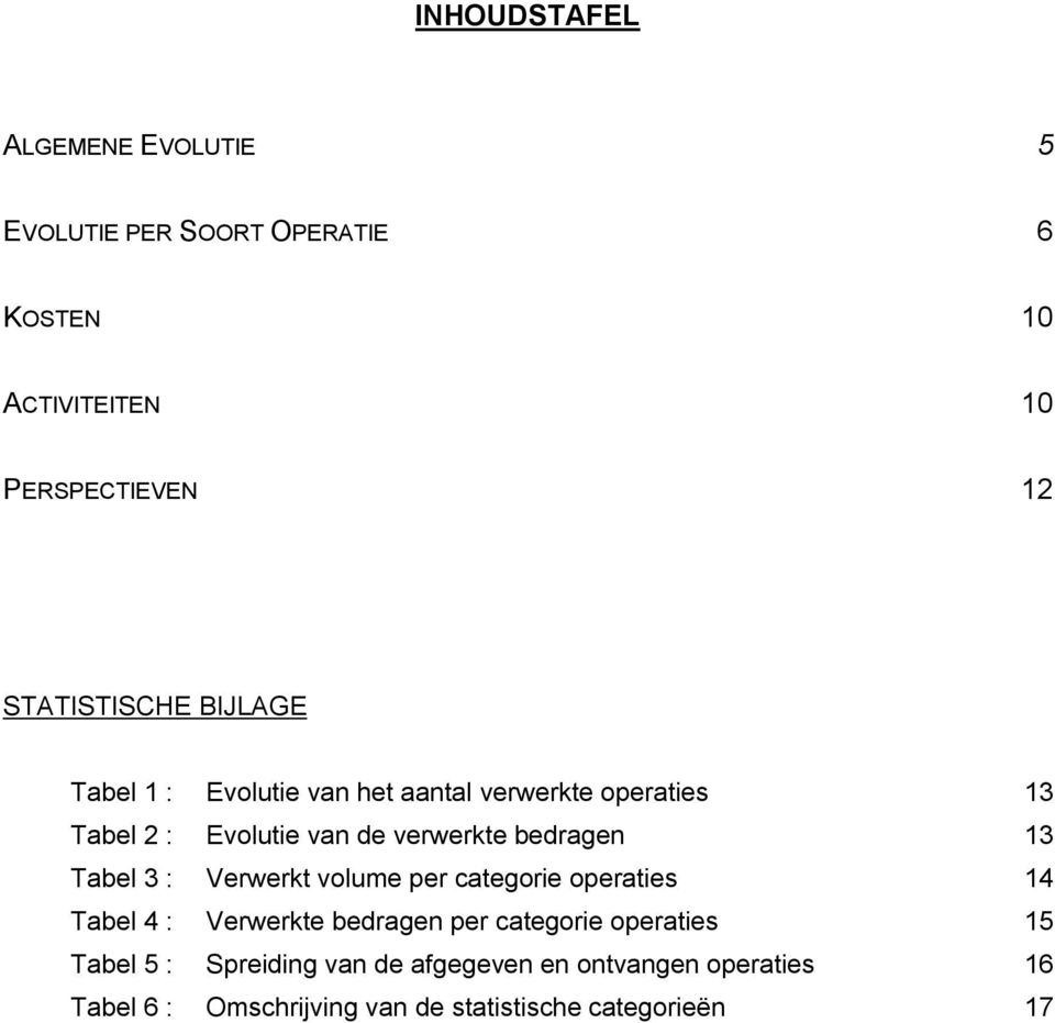 bedragen 13 Tabel 3 : Verwerkt volume per categorie operaties 14 Tabel 4 : Verwerkte bedragen per categorie