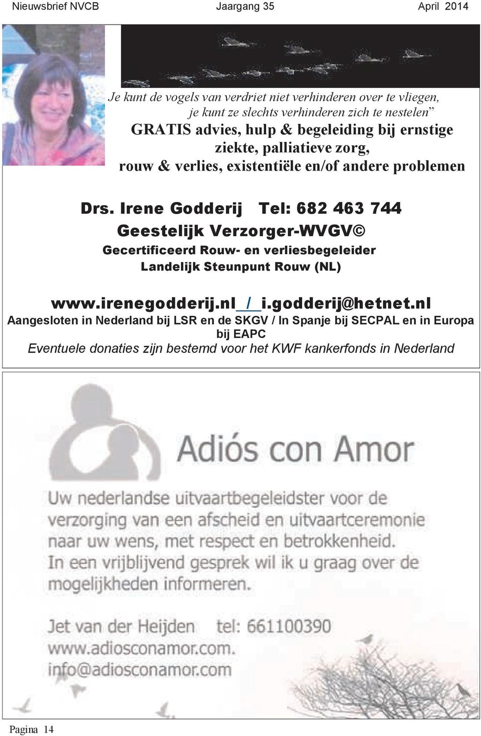Irene Godderij Tel: 682 463 744 Geestelijk Verzorger-WVGV Gecertificeerd Rouw- en verliesbegeleider Landelijk Steunpunt Rouw (NL) www.