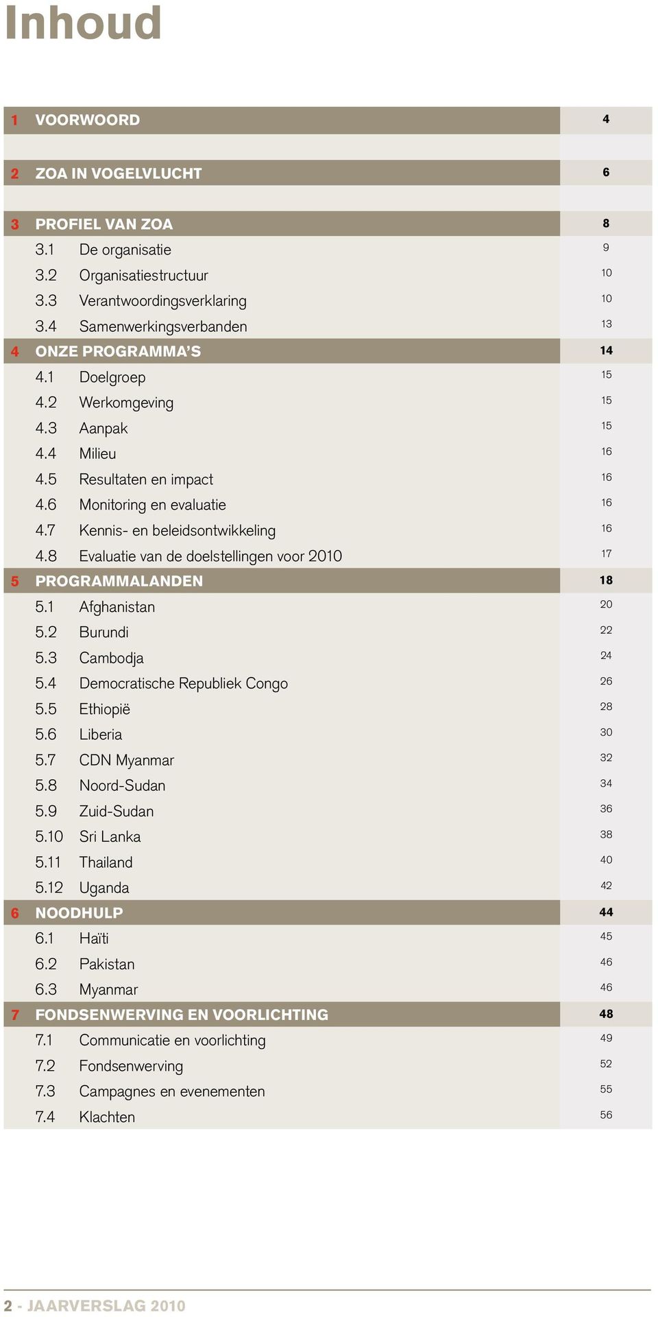 8 Evaluatie van de doelstellingen voor 2010 17 5 PROGRAMMALANDEN 18 5.1 Afghanistan 20 5.2 Burundi 22 5.3 Cambodja 24 5.4 Democratische Republiek Congo 26 5.5 Ethiopië 28 5.6 Liberia 30 5.