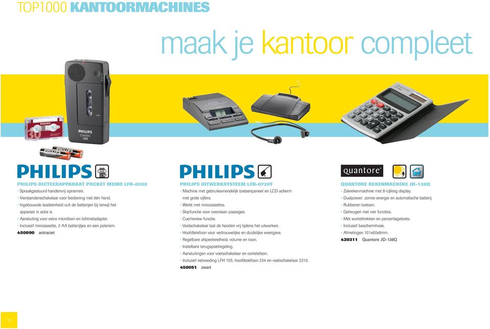 450090 antraciet PHILIPS UITWERKSYSTEEM LFH-0720T Machine met gebruiksvriendelijk toetsenpaneel en LCD-scherm met grote cijfers. Werkt met minicassettes. Skipfunctie voor overslaan passages.