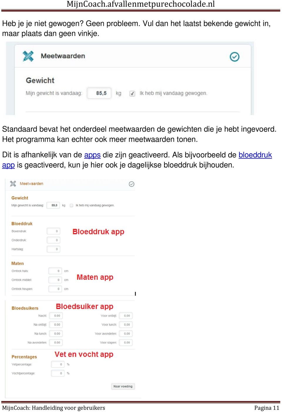 Het programma kan echter ook meer meetwaarden tonen. Dit is afhankelijk van de apps die zijn geactiveerd.