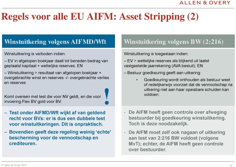 Flex BV gold voor BV. Test onder AIFMD/Wft wijkt af van geldend recht voor BVs: er is dus een dubbele test voor winstuitkeringen. Dit is onpraktisch.