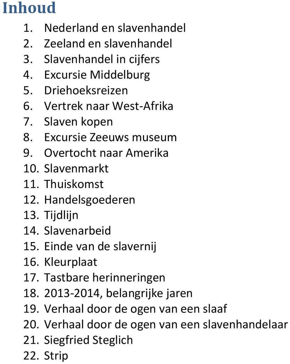 Thuiskomst 12. Handelsgoederen 13. Tijdlijn 14. Slavenarbeid 15. Einde van de slavernij 16. Kleurplaat 17. Tastbare herinneringen 18.