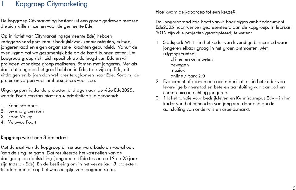 Vanuit de overtuiging dat we gezamenlijk Ede op de kaart kunnen zetten. De kopgroep groep richt zich specifiek op de jeugd van Ede en wil projecten voor deze groep realiseren. Samen met jongeren.