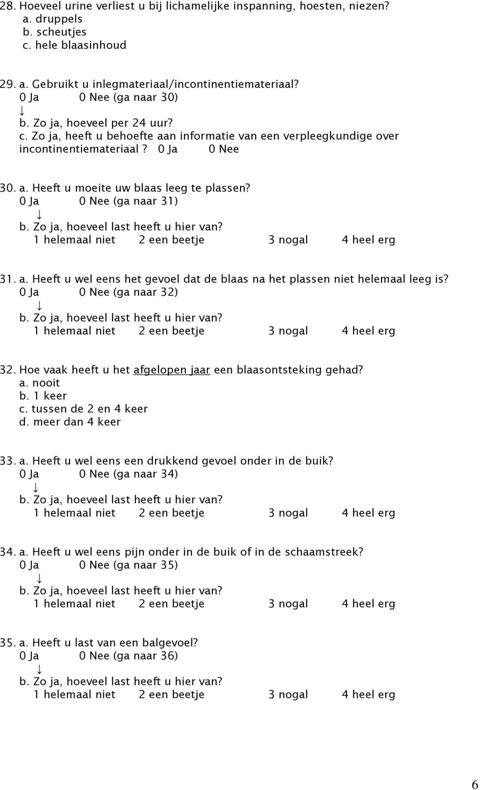 (ga naar 32) 32. Hoe vaak heeft u het afgelopen jaar een blaasontsteking gehad? a. nooit b. 1 keer c. tussen de 2 en 4 keer d. meer dan 4 keer 33. a. Heeft u wel eens een drukkend gevoel onder in de buik?