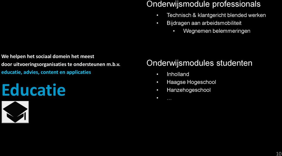 uitvoeringsorganisaties te ondersteunen m.b.v. educatie, advies, content en