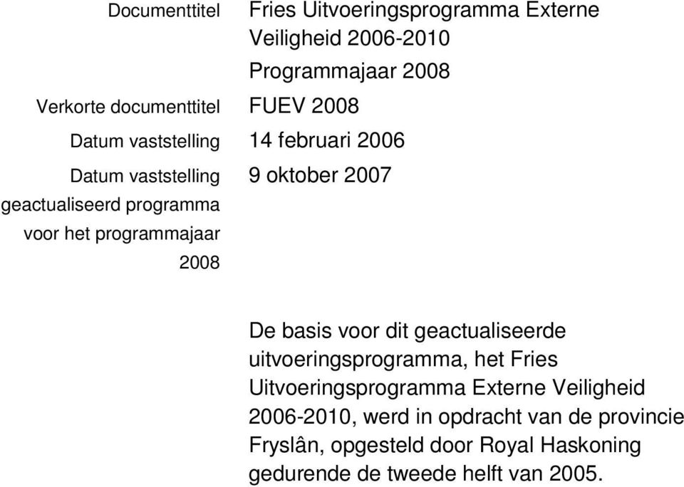 oktober 2007 De basis voor dit geactualiseerde uitvoeringsprogramma, het Fries Uitvoeringsprogramma Externe