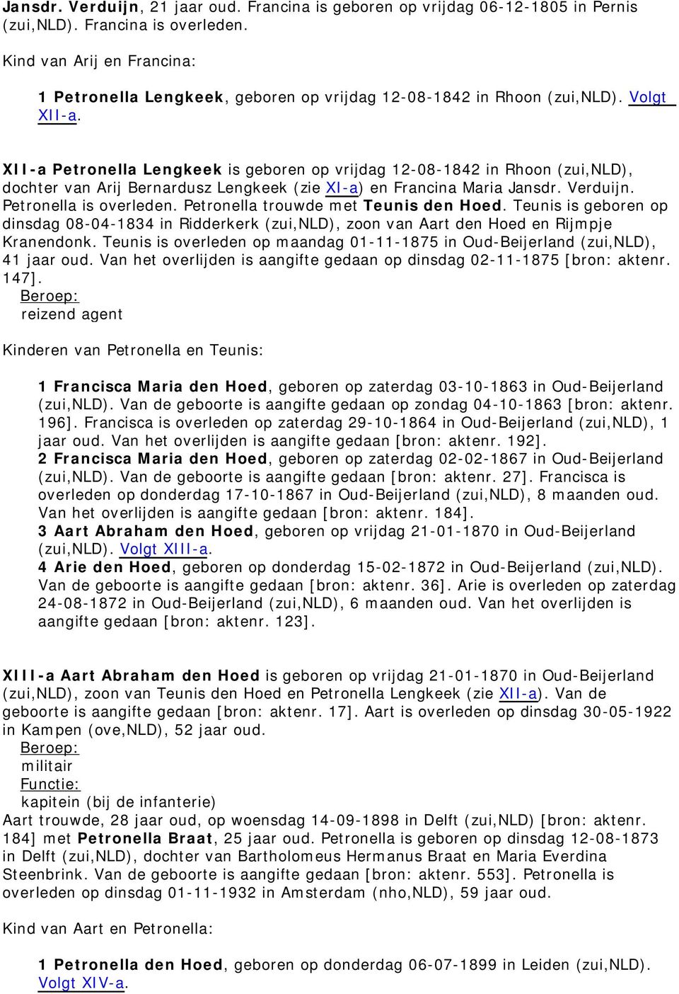 XII-a Petronella Lengkeek is geboren op vrijdag 12-08-1842 in Rhoon (zui,nld), dochter van Arij Bernardusz Lengkeek (zie XI-a) en Francina Maria Jansdr. Verduijn. Petronella is overleden.