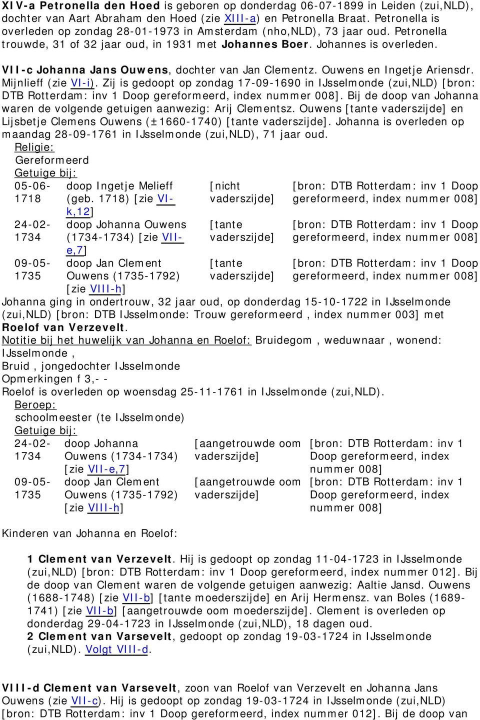 VII-c Johanna Jans Ouwens, dochter van Jan Clementz. Ouwens en Ingetje Ariensdr. Mijnlieff (zie VI-i).