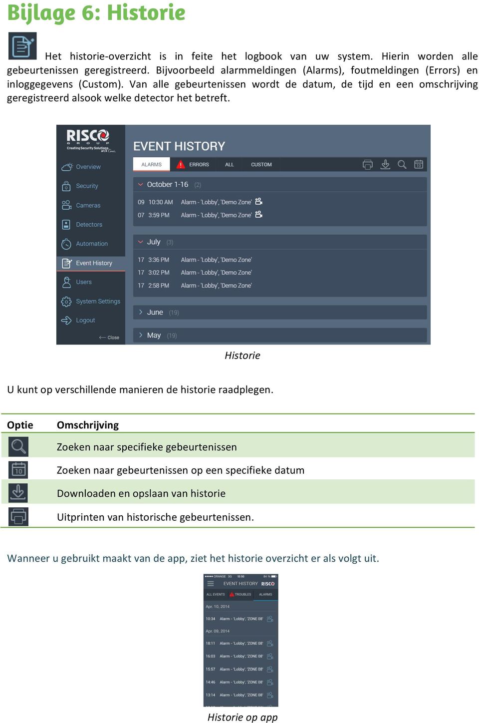 Van alle gebeurtenissen wordt de datum, de tijd en een omschrijving geregistreerd alsook welke detector het betreft.