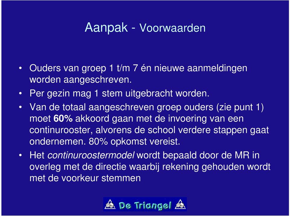 Van de totaal aangeschreven groep ouders (zie punt 1) moet 60% akkoord gaan met de invoering van een