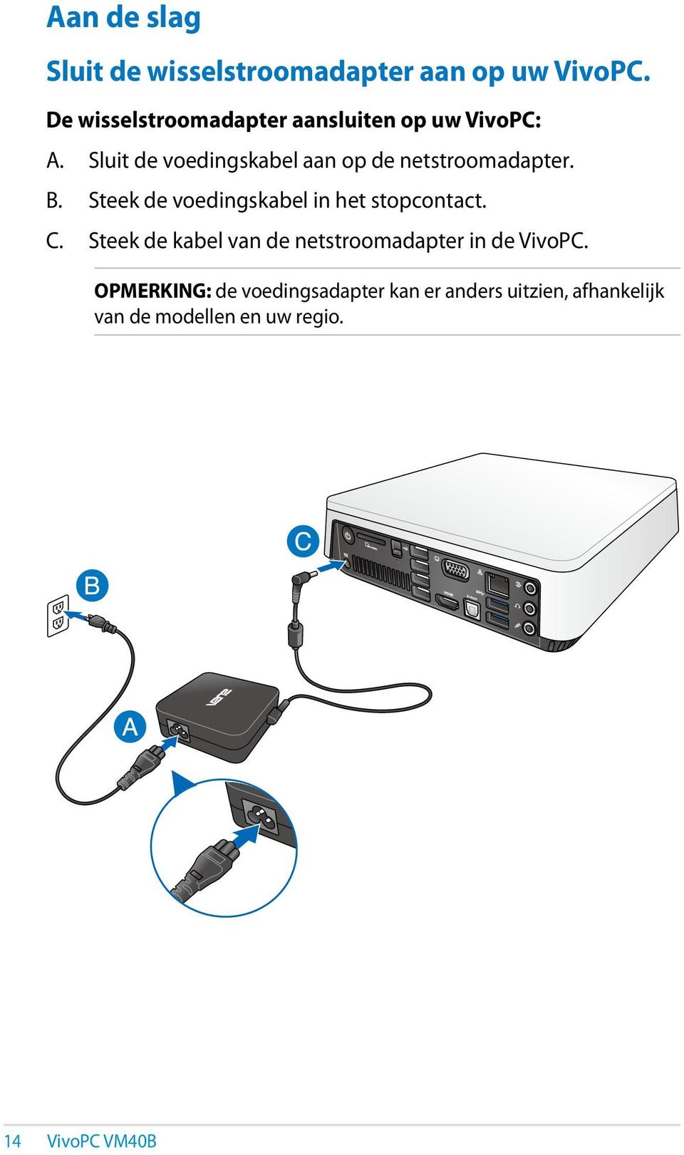 Sluit de voedingskabel aan op de netstroomadapter. B.