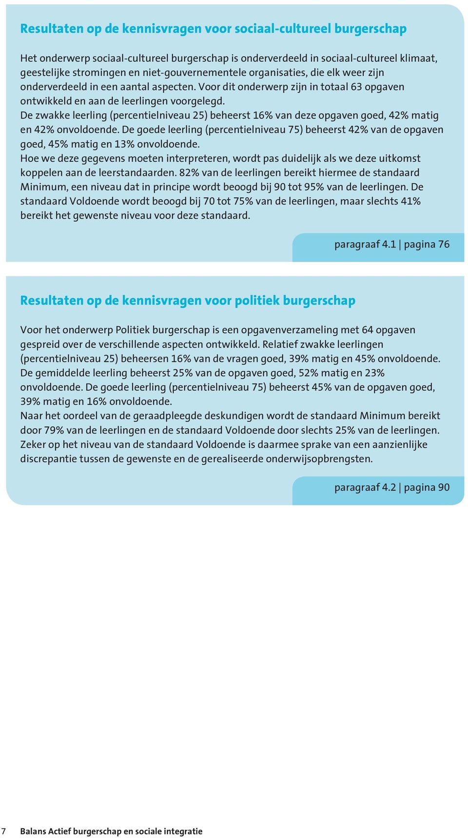 De zwakke leerling (percentielniveau 25) beheerst 16% van deze opgaven goed, 42% matig en 42% onvoldoende.