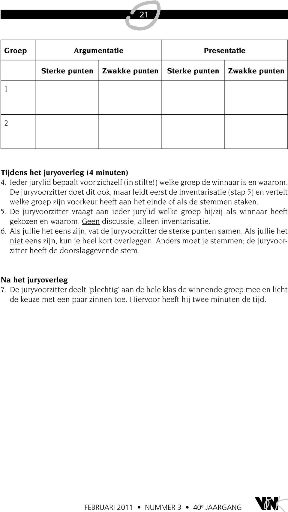 en vertelt welke groep zijn voorkeur heeft aan het einde of als de stemmen staken. 5. De juryvoorzitter vraagt aan ieder jurylid welke groep hij/zij als winnaar heeft gekozen en waarom.