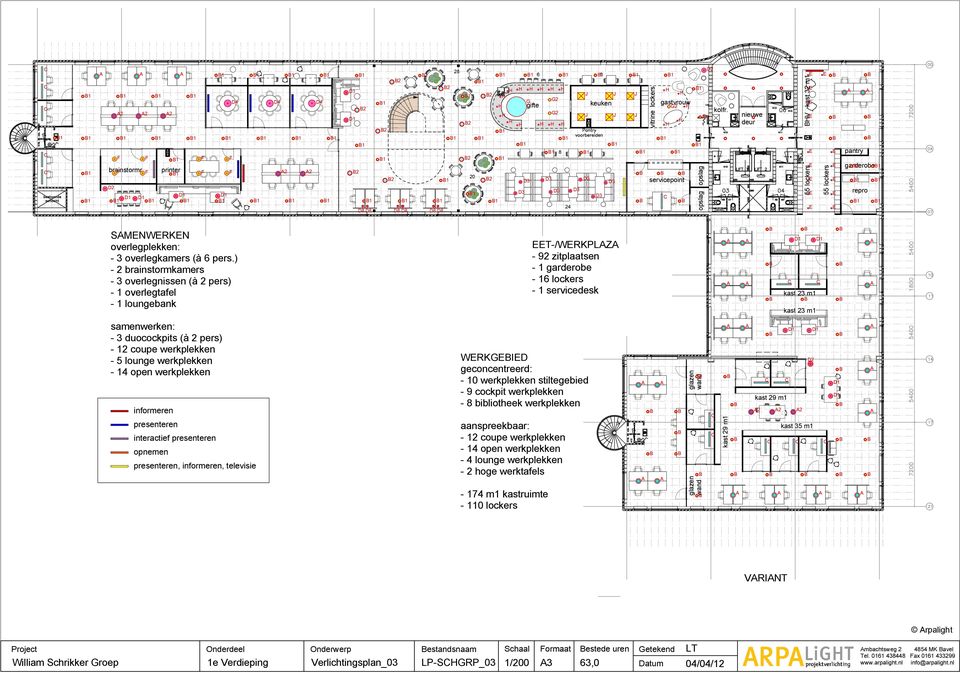 ) - 2 brainstormkamers - 3 overlegnissen (à 2 pers) - 1 overlegtafel - 1 loungebank T-/WRKPLZ - 92 zitplaatsen - 1 garderobe - 16 lockers - 1 servicedesk kast 23 m1 kast 23 m1 samenwerken: - 3