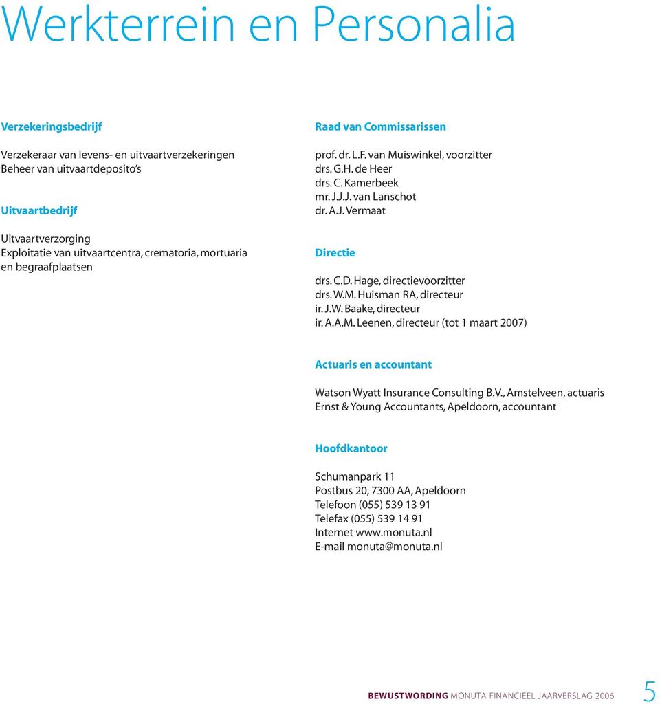 directievoorzitter drs WM Huisman RA, directeur ir JW Baake, directeur ir AAM Leenen, directeur (tot 1 maart 2007) Actuaris en accountant Watson Wyatt Insurance Consulting BV, Amstelveen,