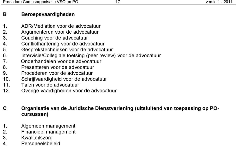 Onderhandelen voor de advocatuur 8. Presenteren voor de advocatuur 9. Procederen voor de advocatuur 10. Schrijfvaardigheid voor de advocatuur 11. Talen voor de advocatuur 12.