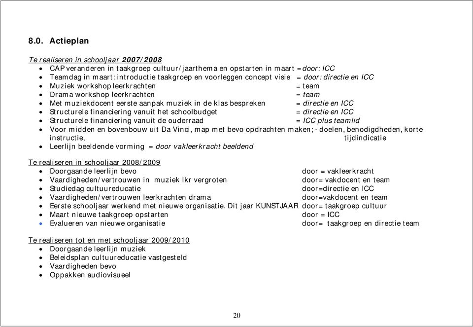 financiering vanuit het schoolbudget = directie en ICC Structurele financiering vanuit de ouderraad = ICC plus teamlid Voor midden en bovenbouw uit Da Vinci, map met bevo opdrachten maken; - doelen,