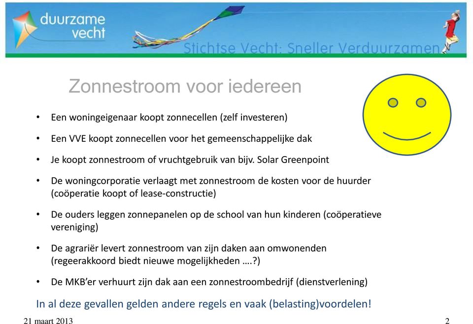 Solar Greenpoint De woningcorporatie verlaagt met zonnestroom de kosten voor de huurder (coöperatie koopt of lease-constructie) De ouders leggen zonnepanelen op de